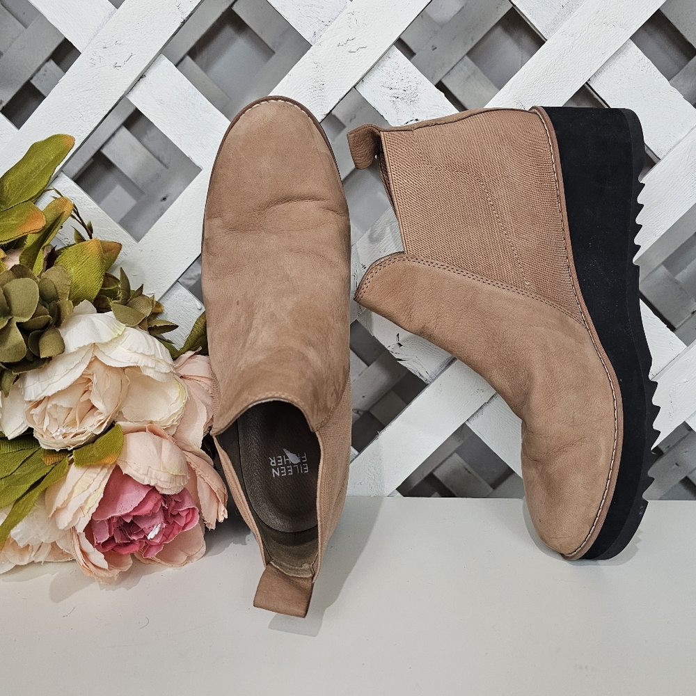 Eileen Fisher Tan Leather and Cloth Bootie Size 9.5